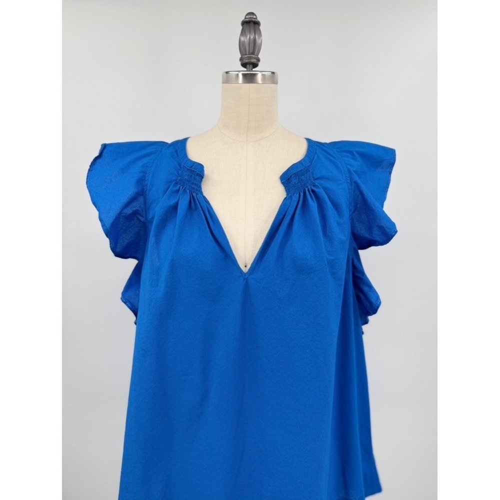 HD In Paris Anthropologie Top Cerulean Blue Flutter Sleeve Blouse Size 12 Cotton - Picture 3 of 10
